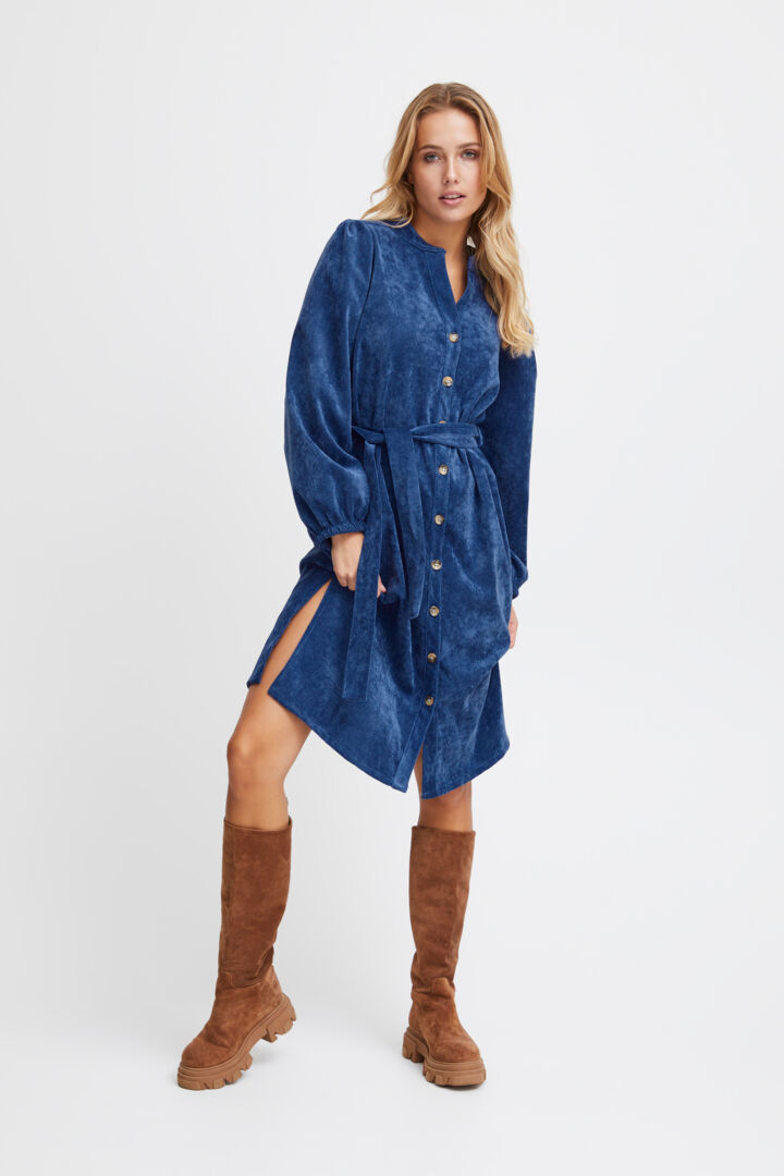 Sorbet Spicy Corduroy Shirt Dress with Belt - Denim Blue