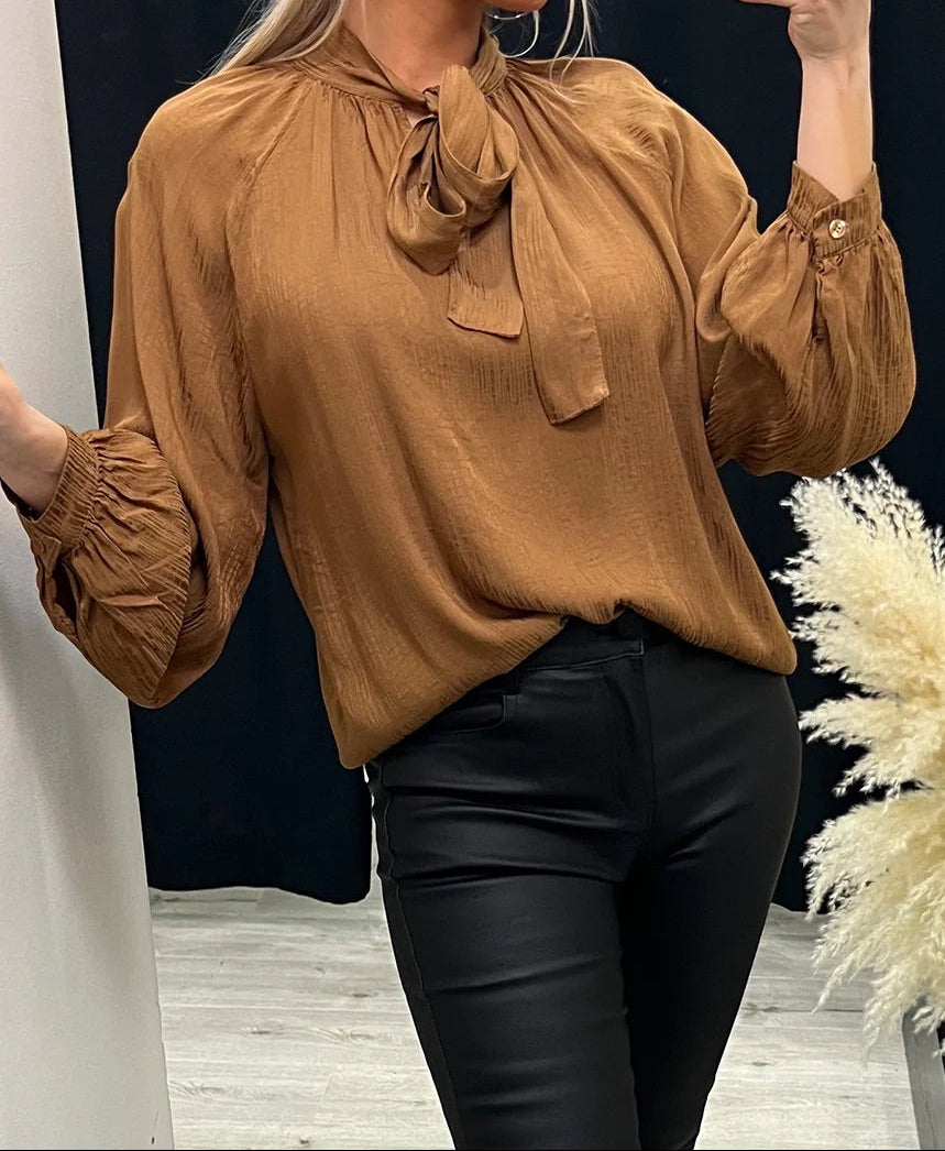 Sorbet SBPAJA Silk Blouse with Pussy Bow - Camel