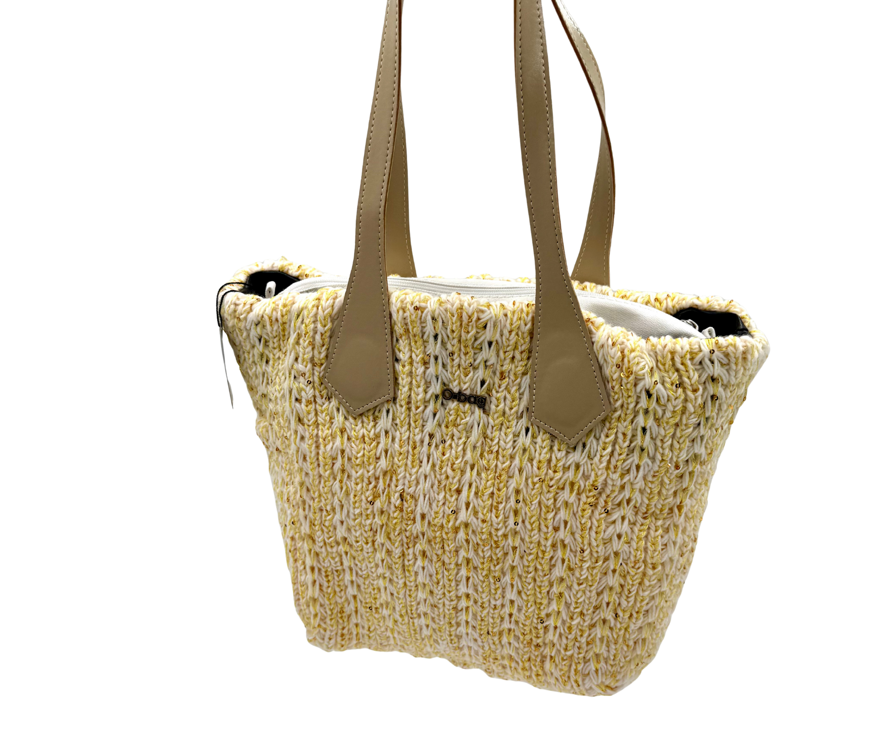 O bag bag – cream, knit-effect texture with gold threads, beige handles, zippered insert