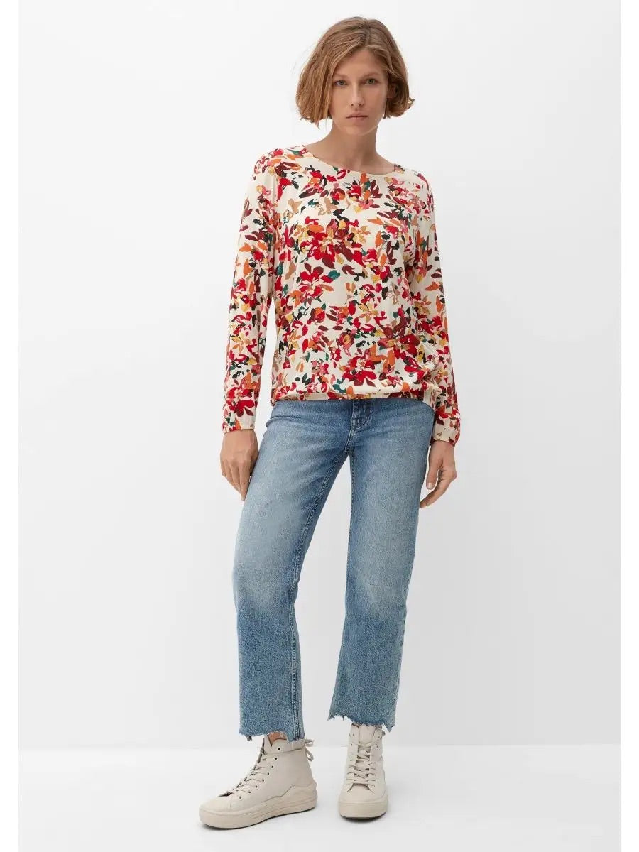 s.Oliver Autumn Floral Print Blouse with Keyhole Back - Cream