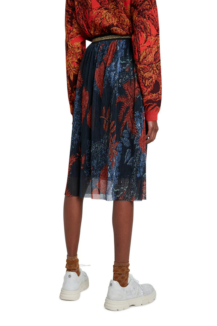 Desigual Virgine Pleated Midi Skirt with Gold Elastic Waist