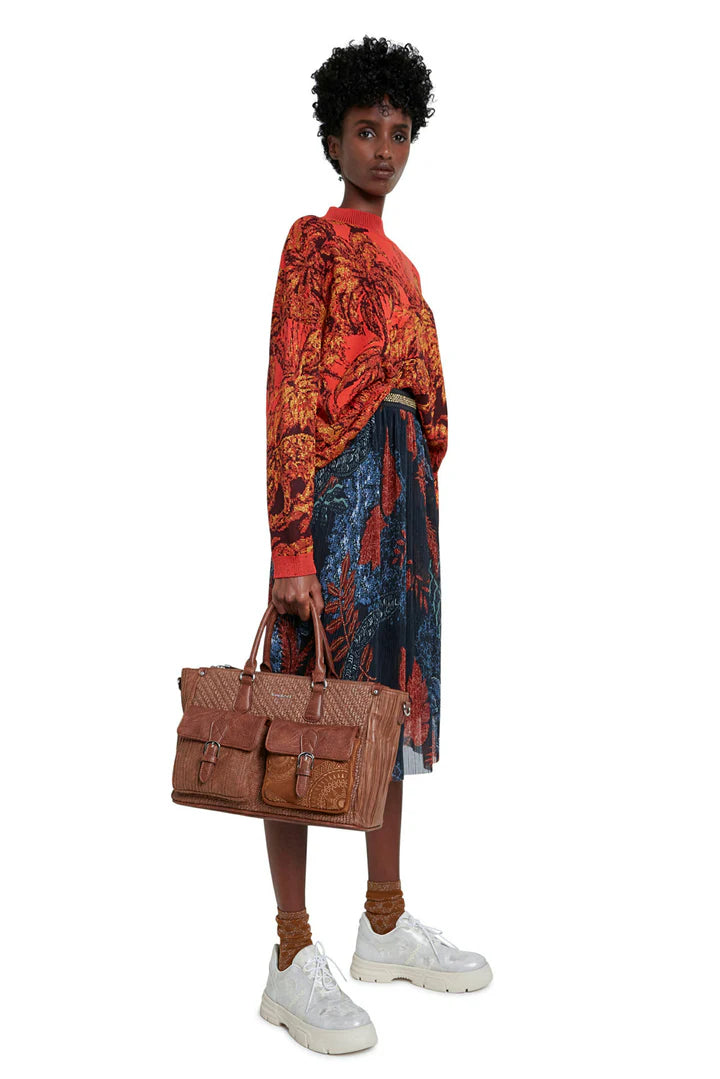 Desigual Virgine Pleated Midi Skirt with Gold Elastic Waist