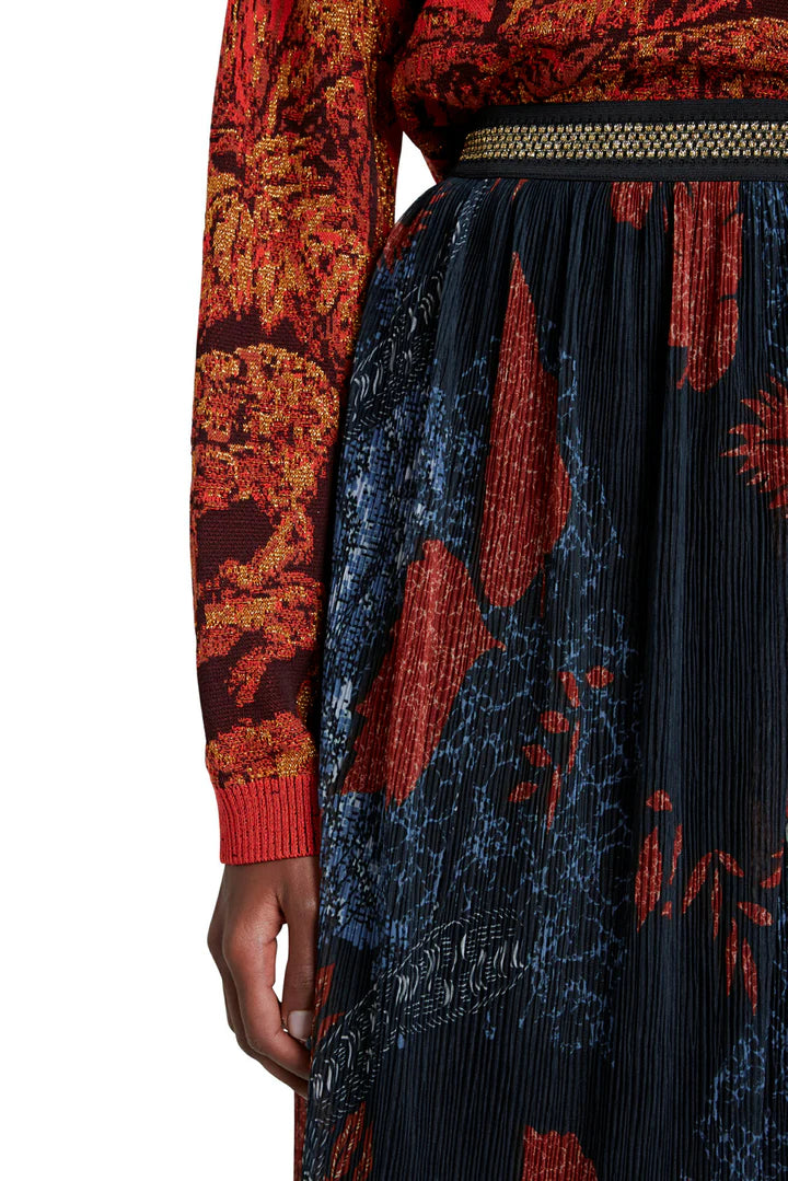 Desigual Virgine Pleated Midi Skirt with Gold Elastic Waist