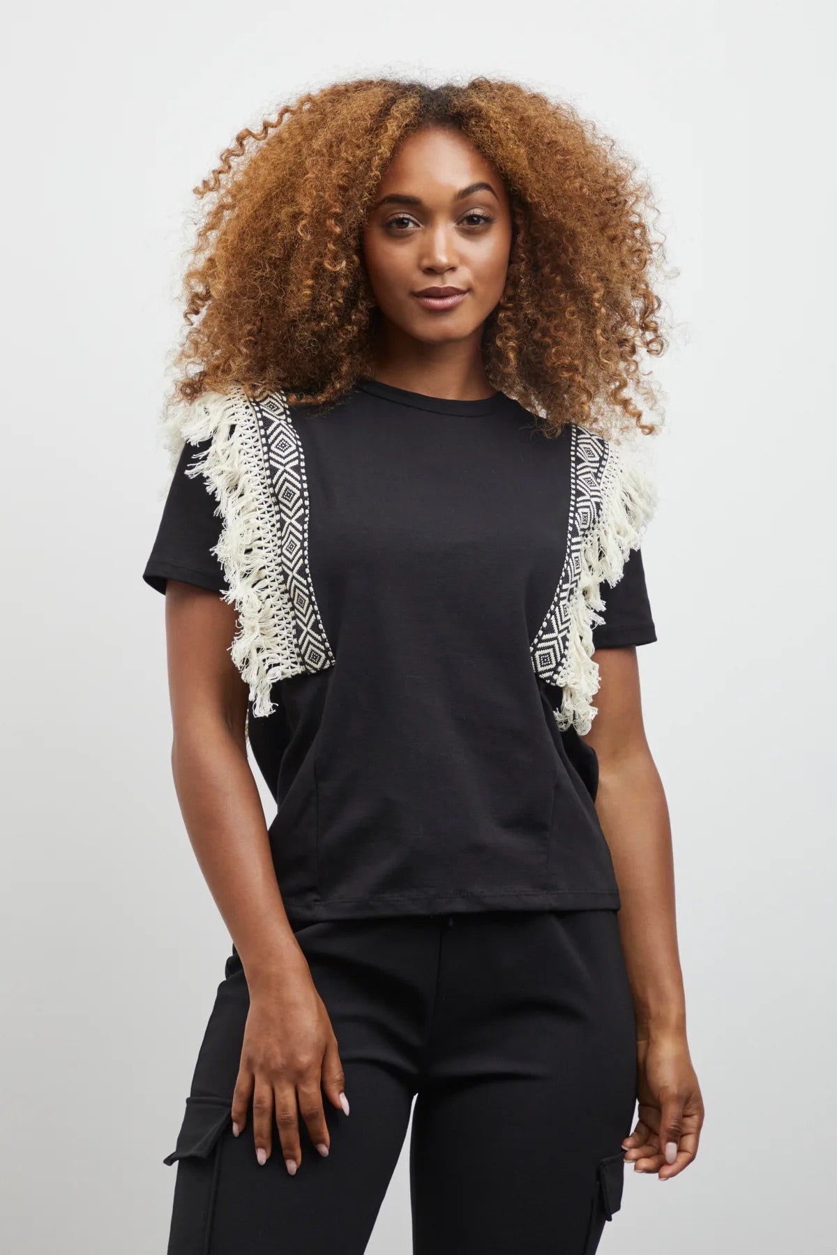 Sorbet Santi T-Shirt with Geometric Trim and Fringe