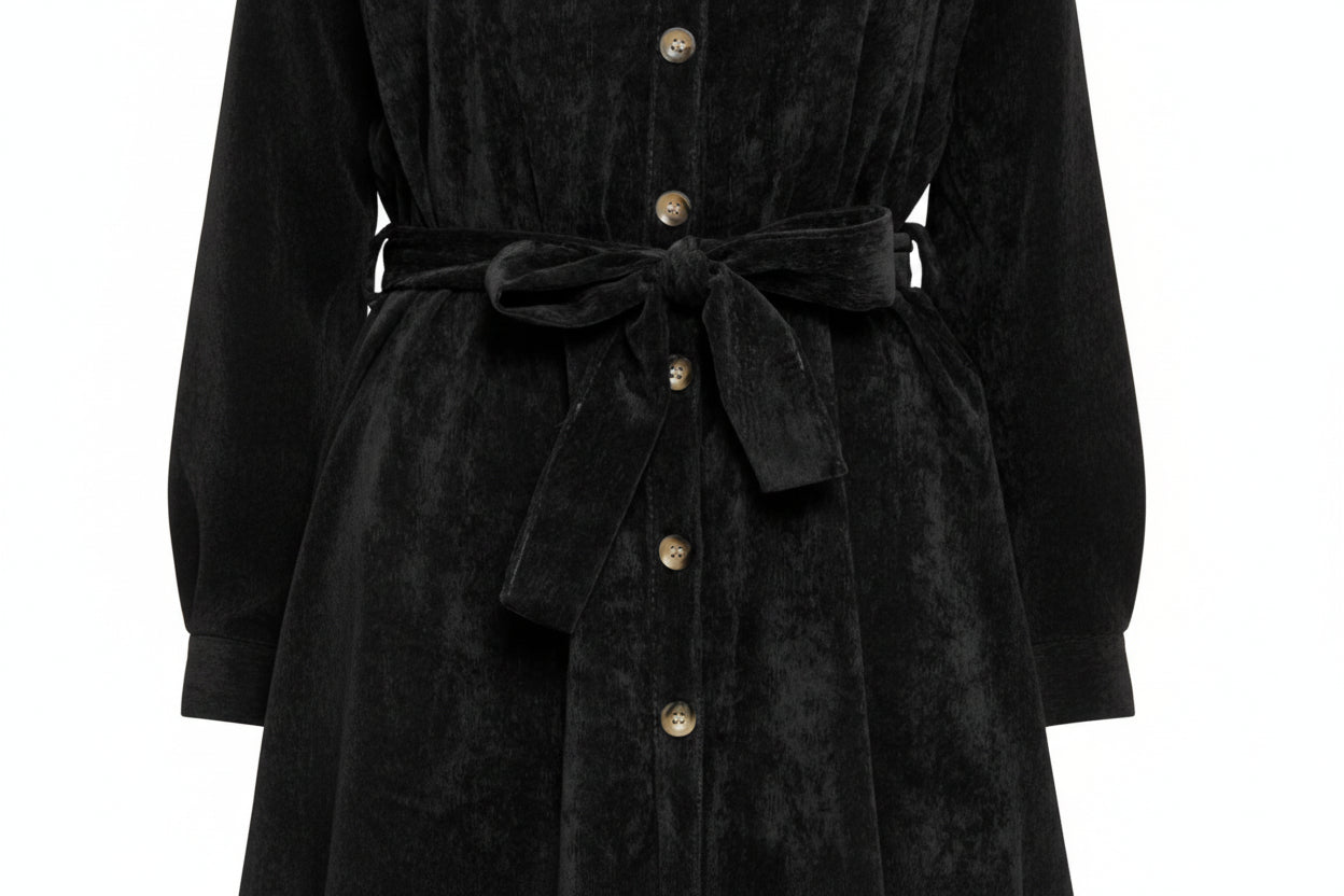 Sorbet Spicy Corduroy Shirt Dress with Belt - Black