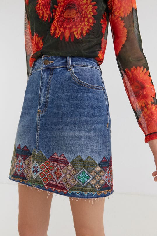 Desigual Blue Denim Embroidered Skirt