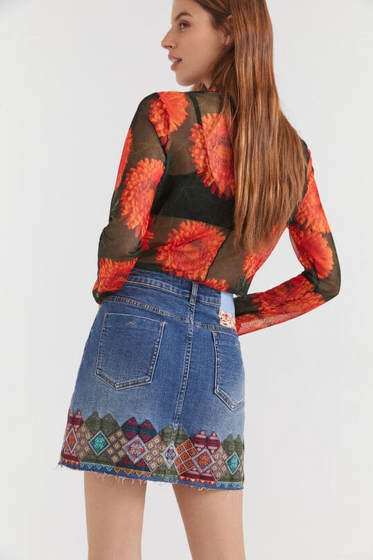 Desigual Blue Denim Embroidered Skirt