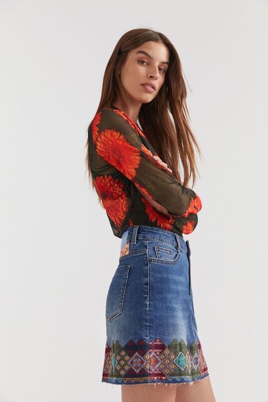 Desigual Blue Denim Embroidered Skirt
