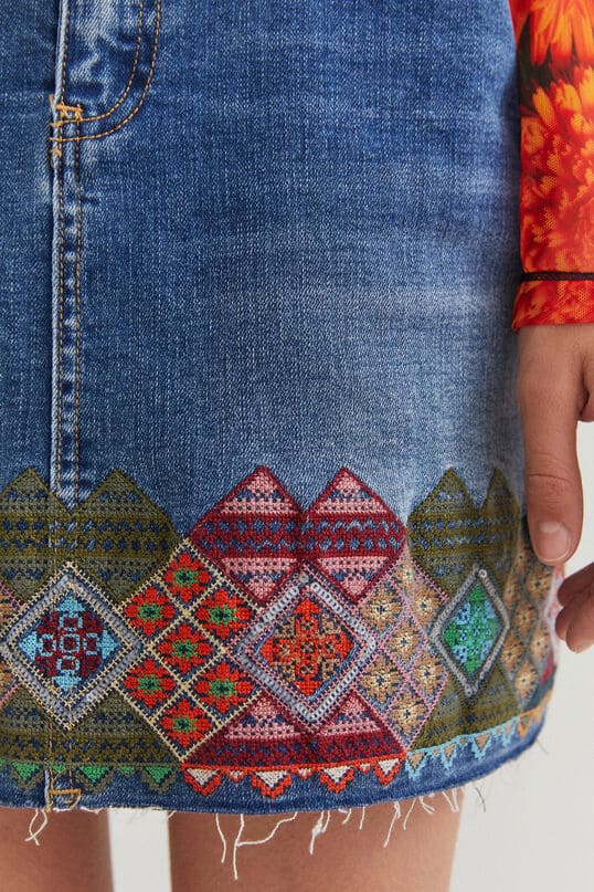 Desigual Blue Denim Embroidered Skirt