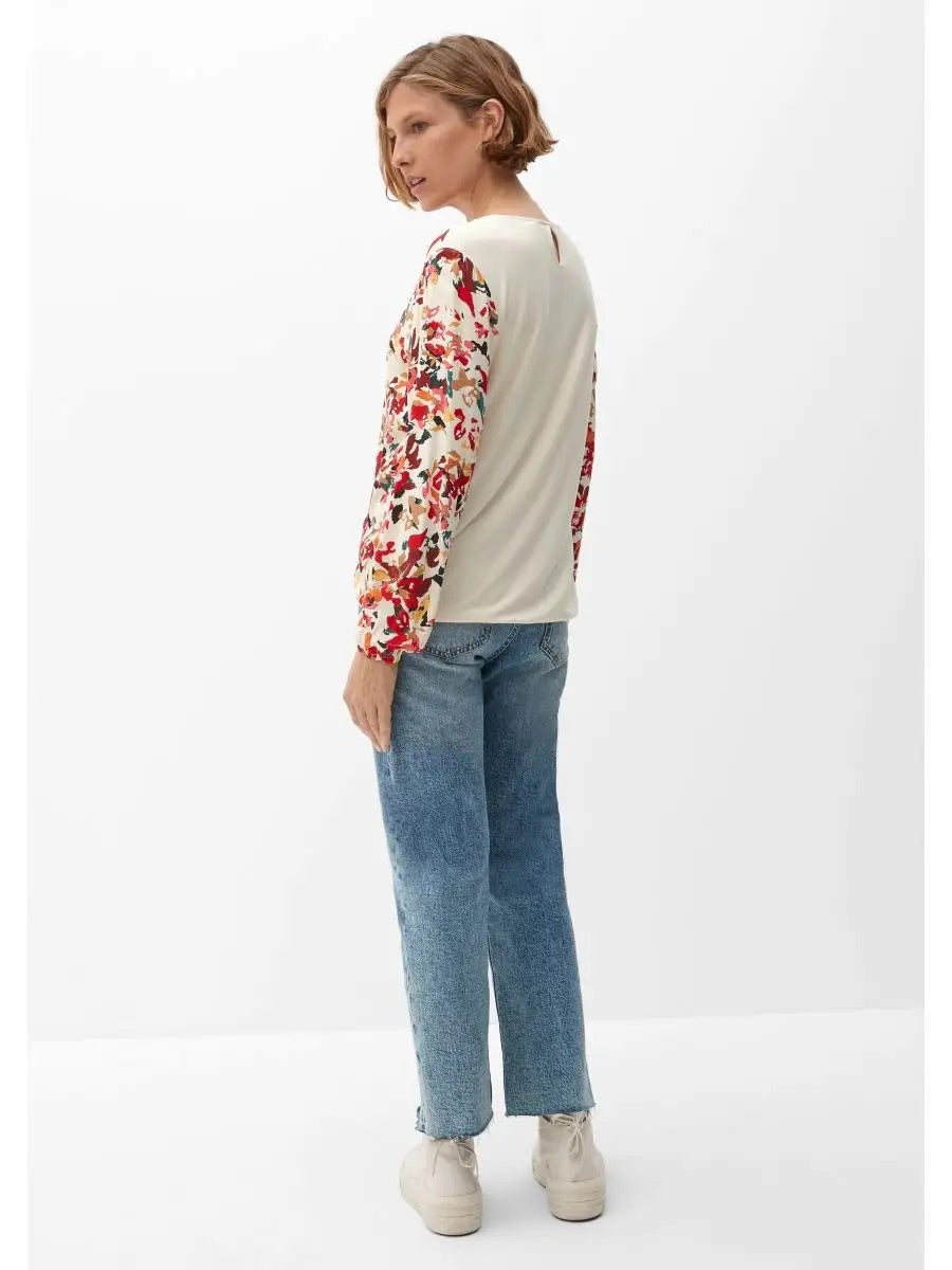 s.Oliver Autumn Floral Print Blouse with Keyhole Back - Cream