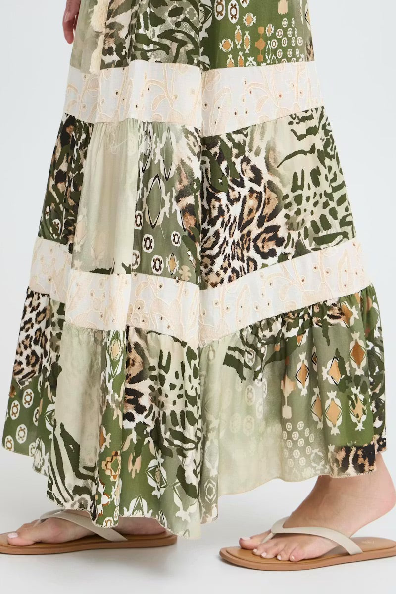 Sorbet Alona Tiered Maxi Skirt with Animal Print - Cream & Sage