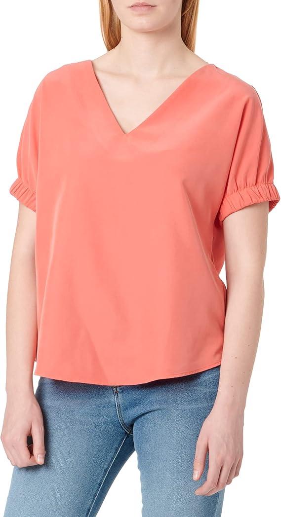 s.Oliver Women's Coral Blouse - V-Neck with Gathered Sleeves