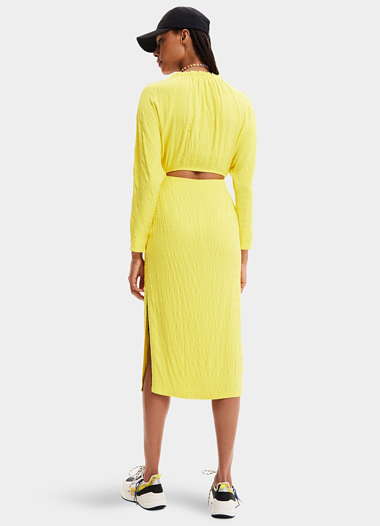 Desigual Textured Cut-Out Back Midi Dress – Yellow