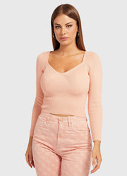 Guess Sweetheart Sonnet Pink Ribbed Crop Jumper – Long-Sleeve