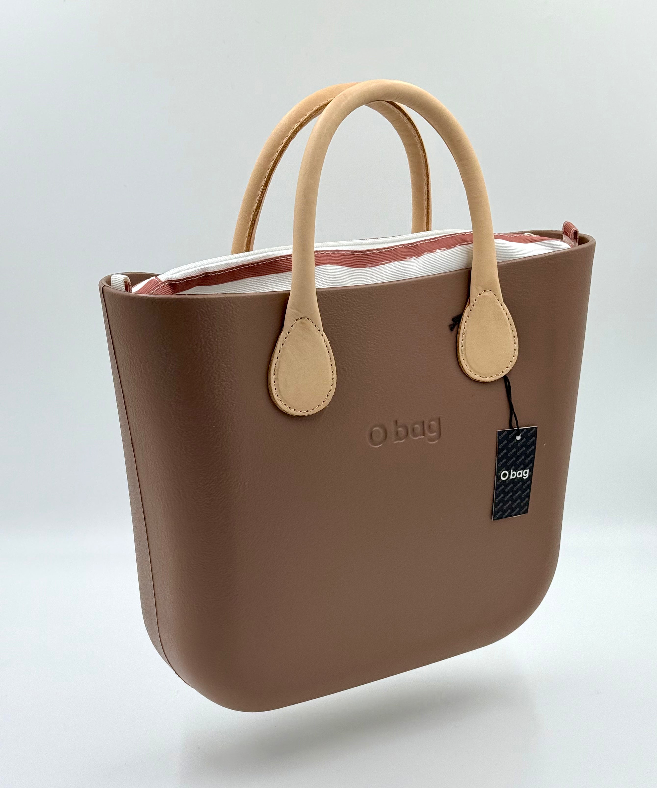 O bag Mini – taupe (greige) handbag with cream handles, striped zippered lining