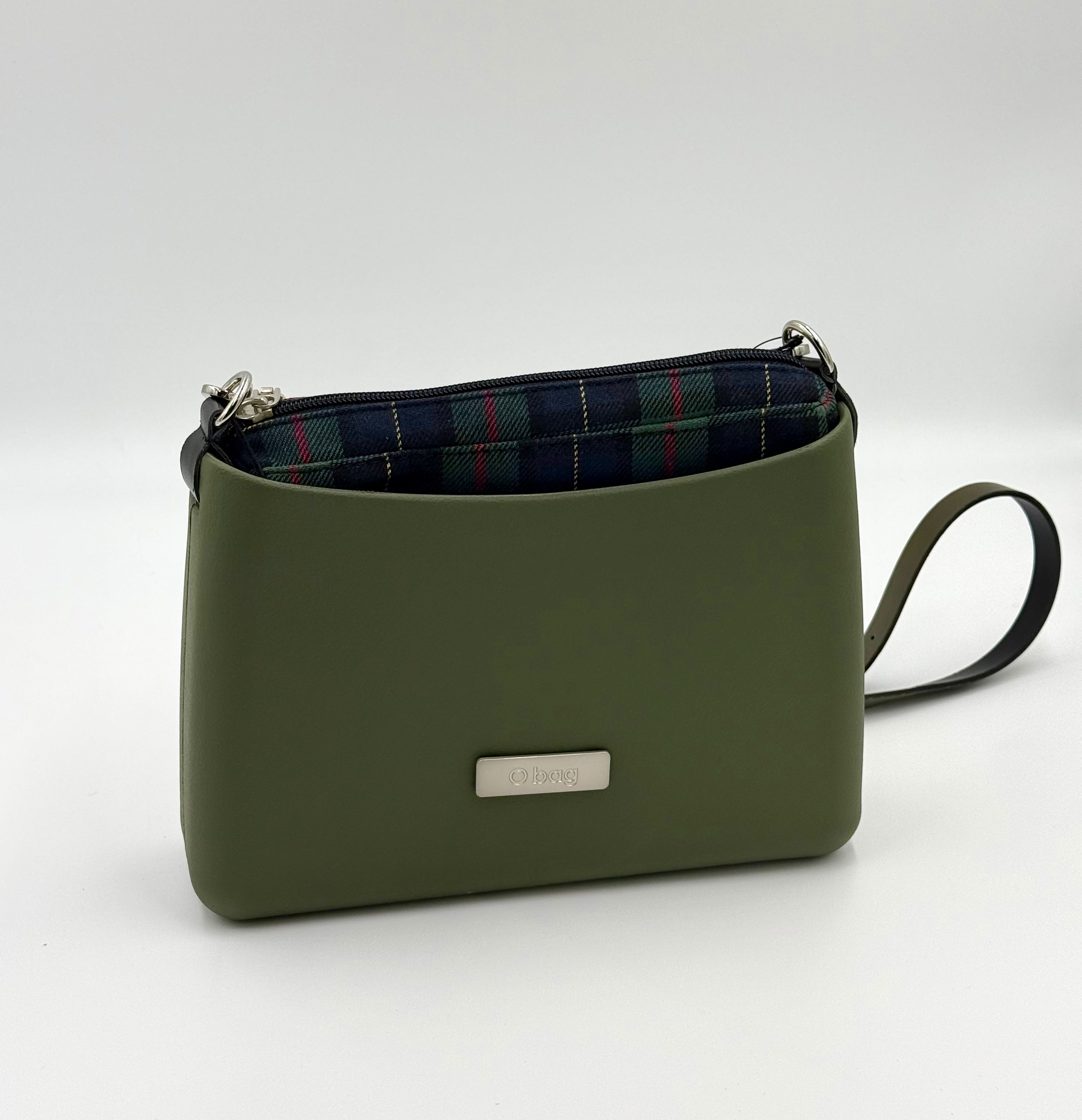 O bag Glam – olive green with zippered checkered lining
