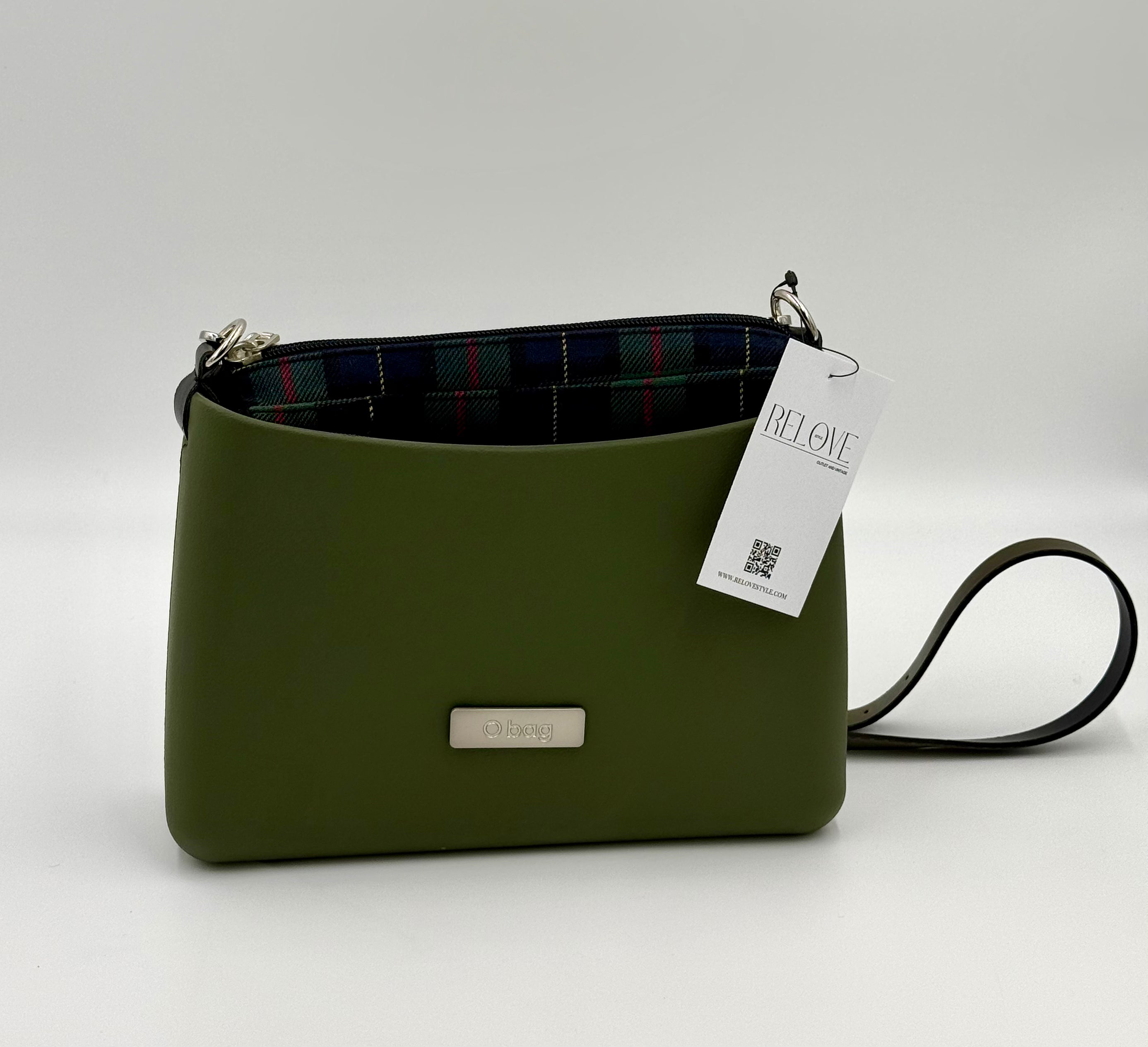 O bag Glam – olive green with zippered checkered lining
