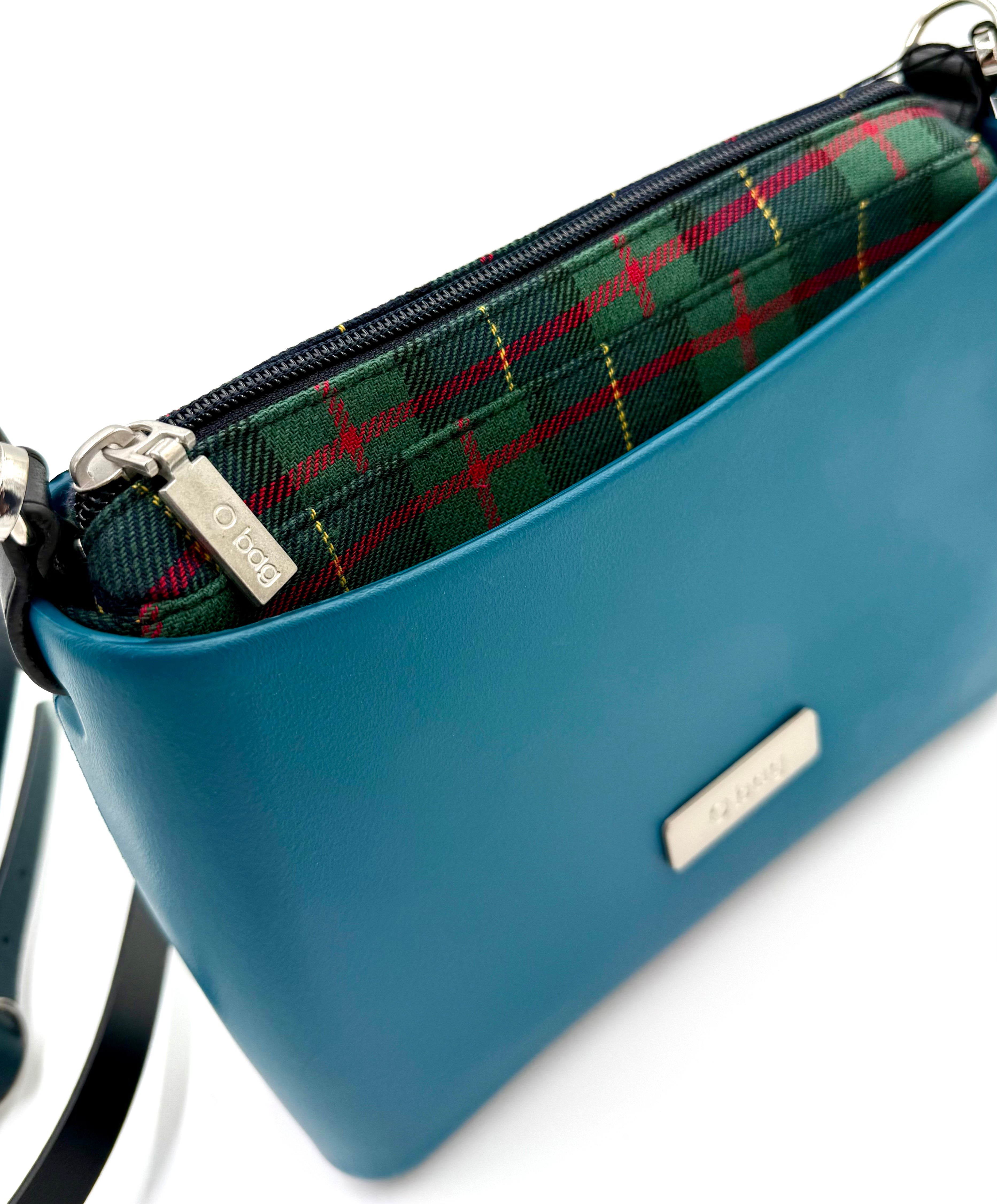 O bag mini crossbody bag – petrol blue (turquoise), with checkered textile insert and zipper