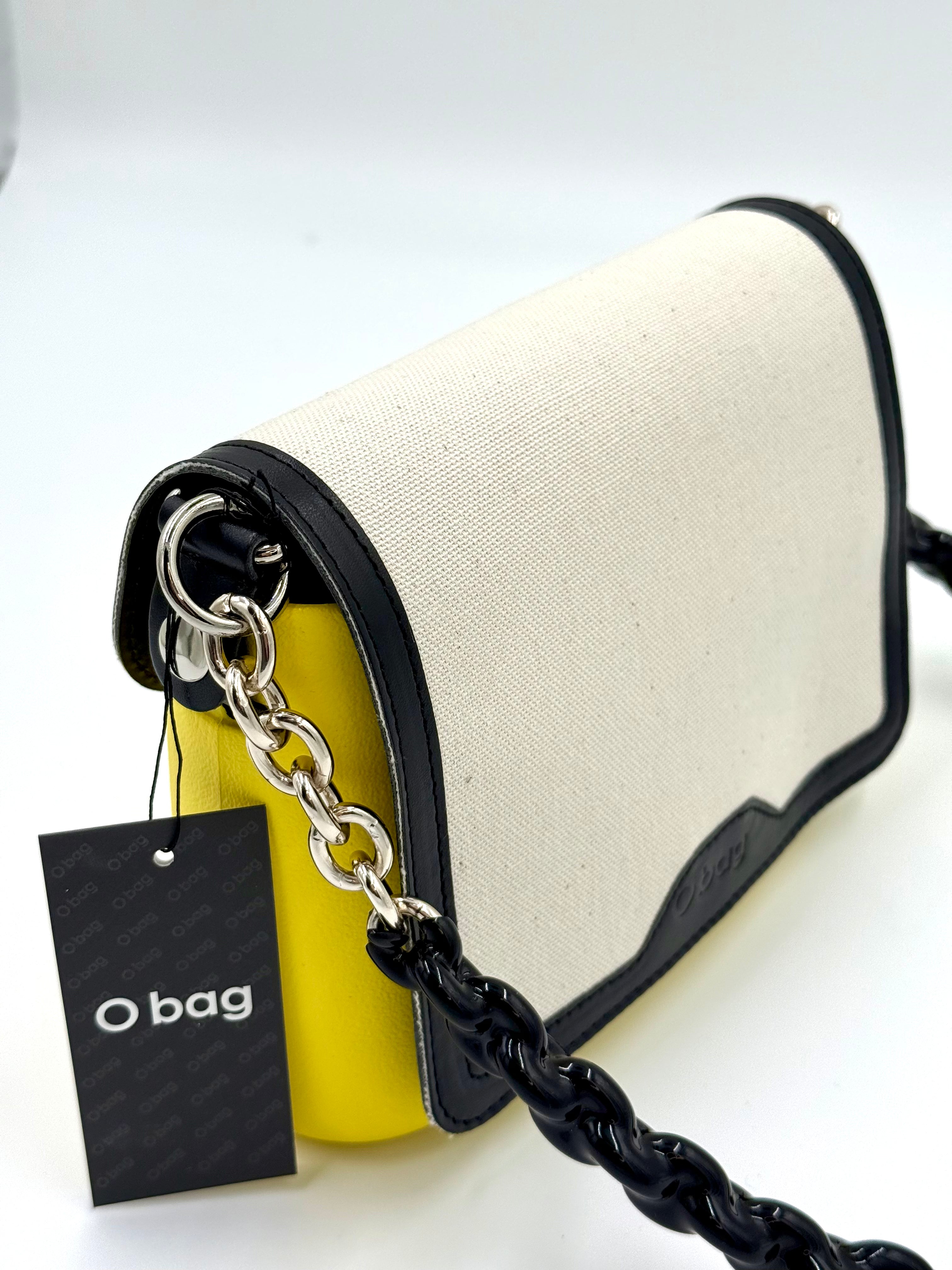 O bag Pocket mini bag – lemon yellow body, white lid, black chain strap