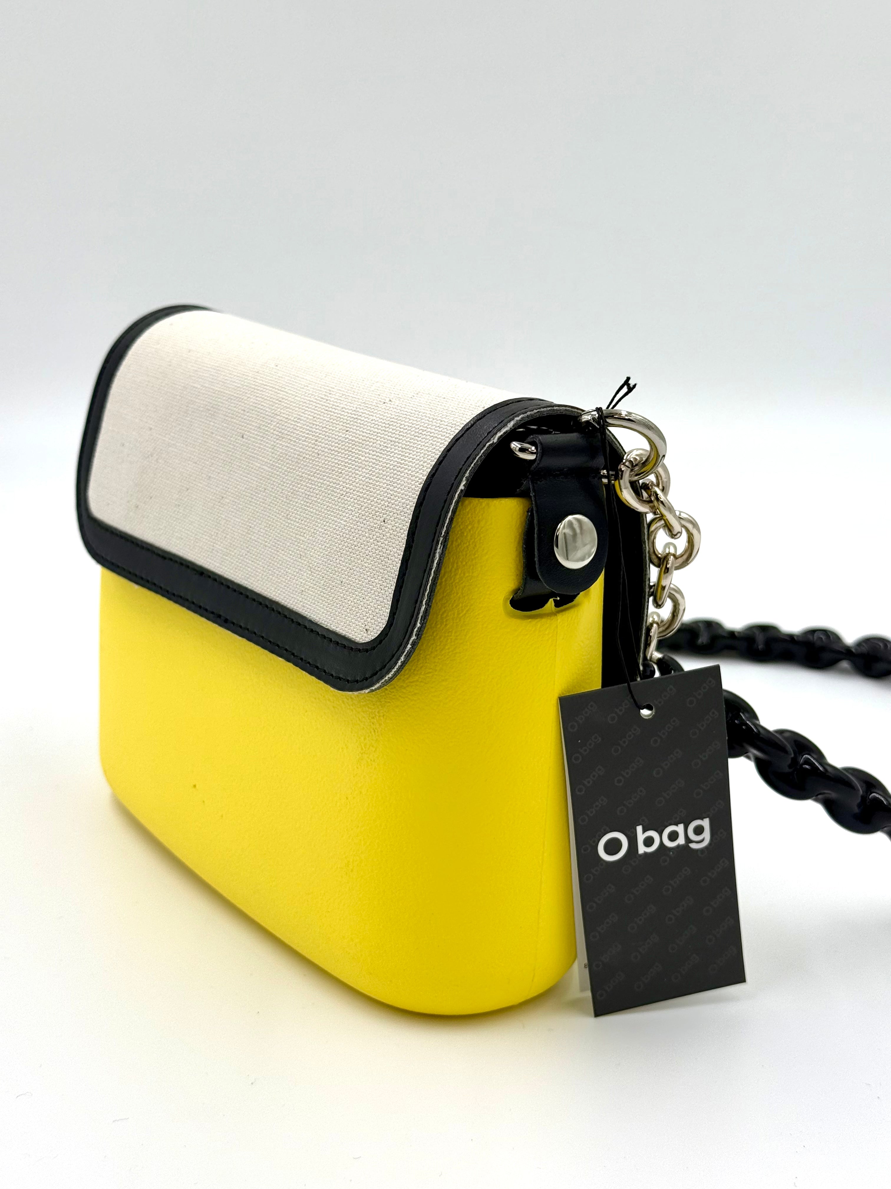 O bag Pocket mini bag – lemon yellow body, white lid, black chain strap