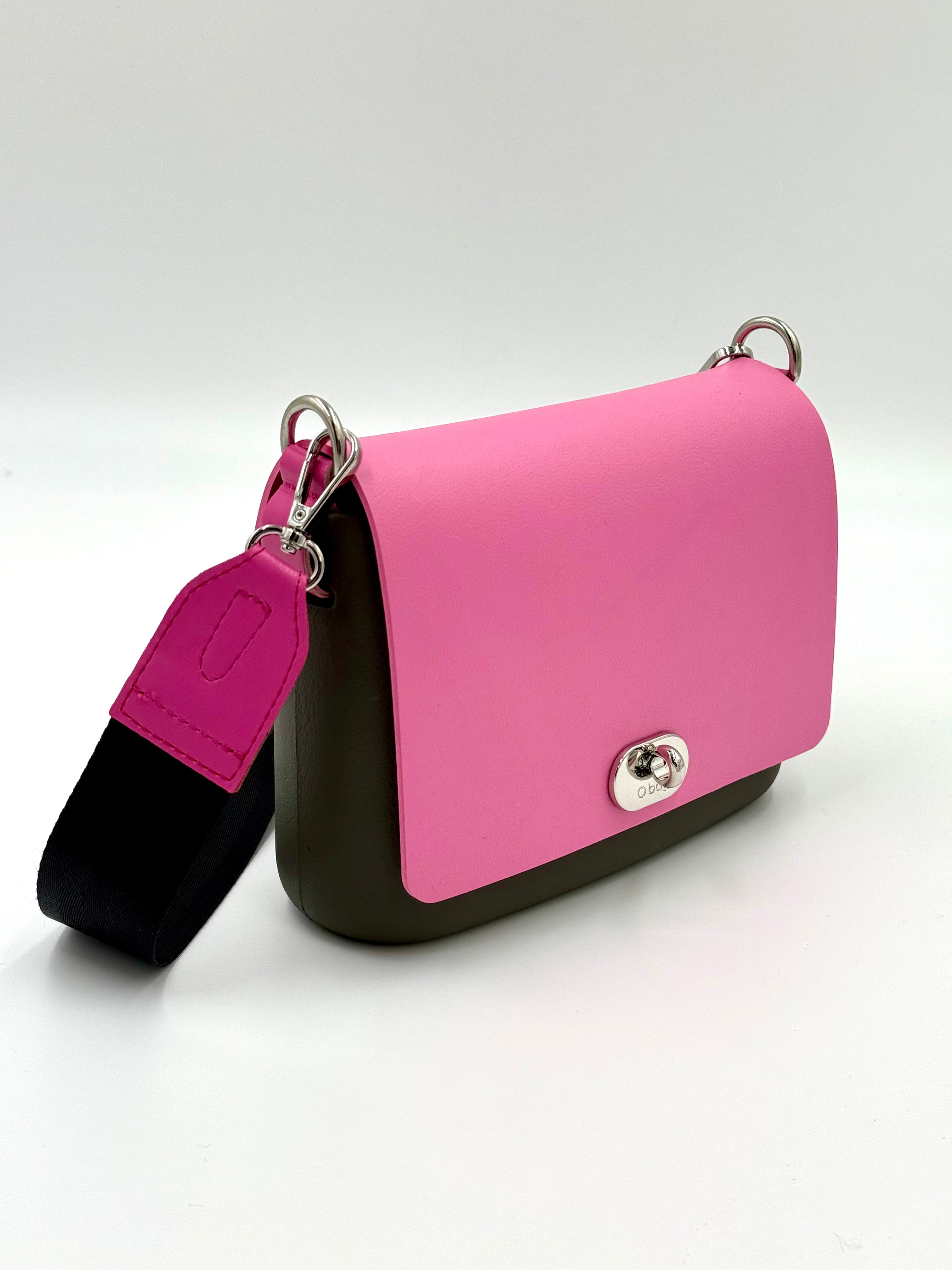 O bag mini crossbody (O Pocket style) – khaki body, powder pink lid, twist lock