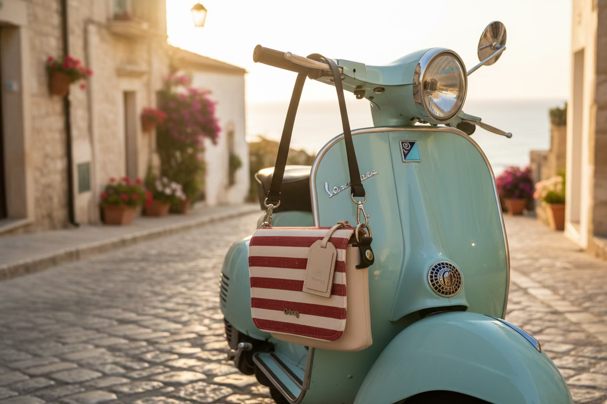 Obag striped lid pocket crossbody bag – summery, clean, practical