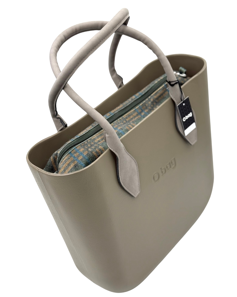 O bag – Taupe Tote Bag with Matching Handles & Blue Tweed Interior