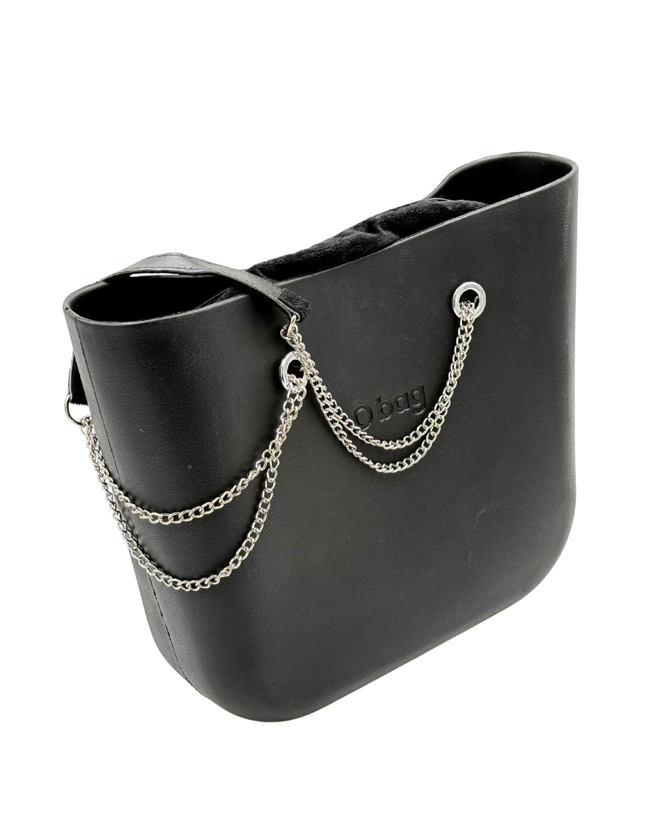 O bag – Black Tote Bag with Silver Chain Handles & Black Plush Interior