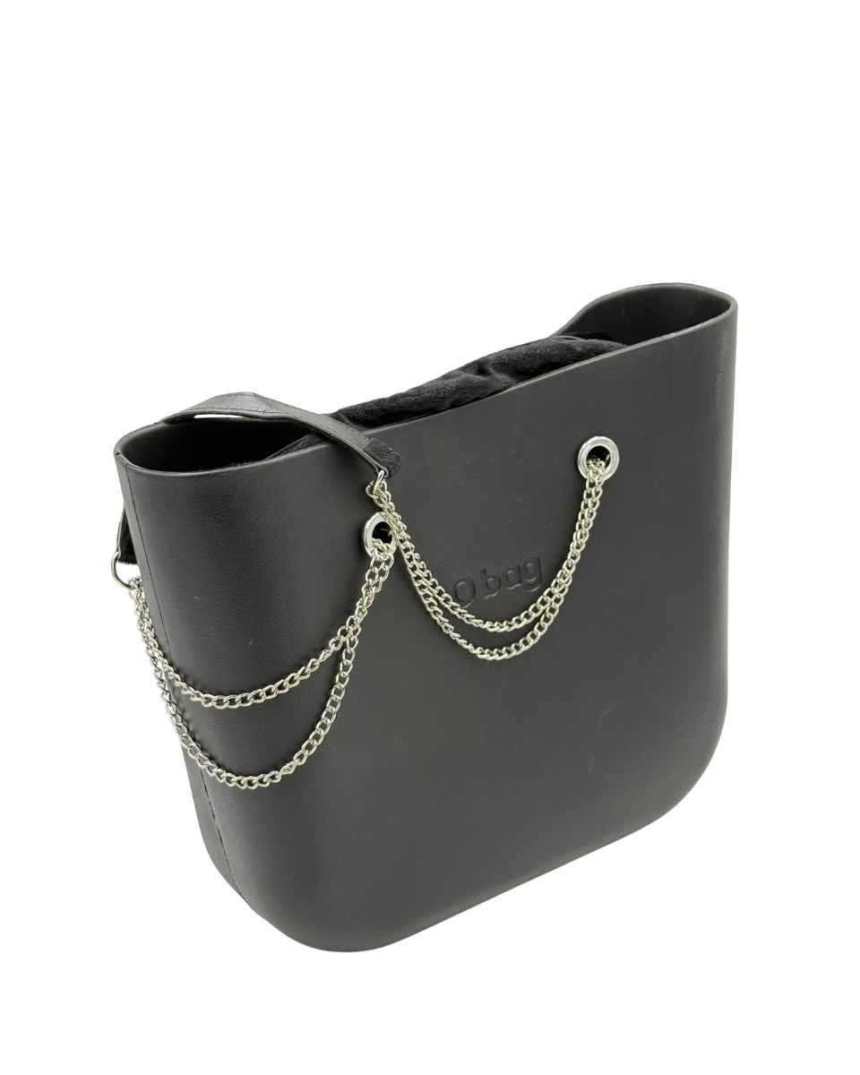 O bag – Black Tote Bag with Silver Chain Handles & Black Plush Interior