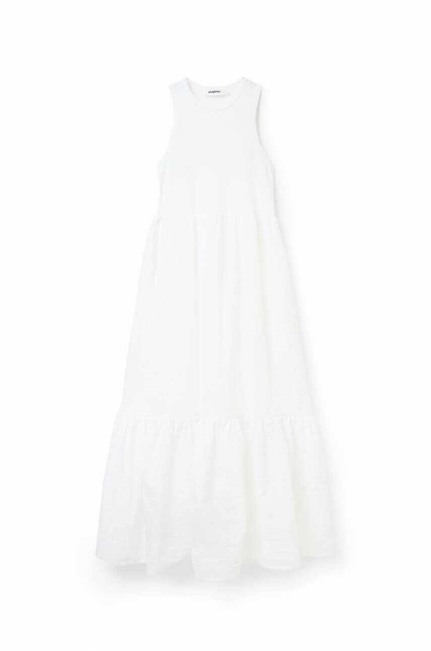 Desigual Ribbed Bodice Broderie Midi Dress – White