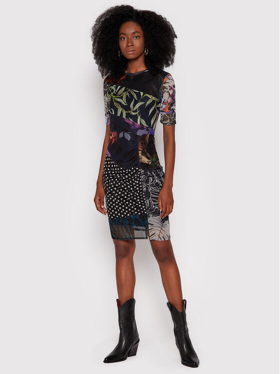 Desigual Amber Patchwork Mesh Mini Dress – Black Multicolour