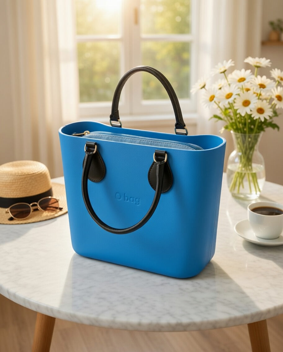 O bag Mini – Blue Tote Bag with Black Leather Handles