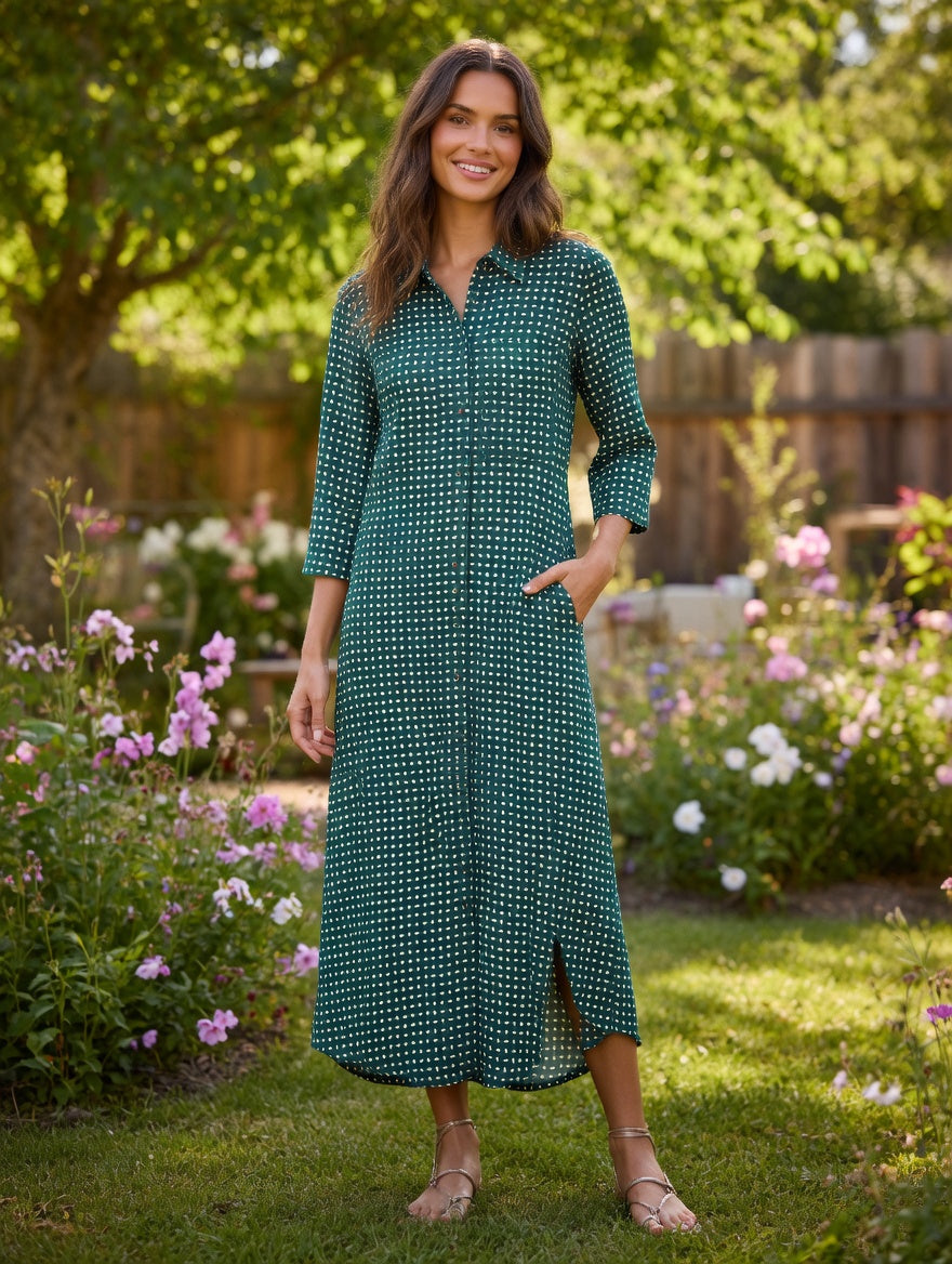 ICHI Dress – Green Geometric Print