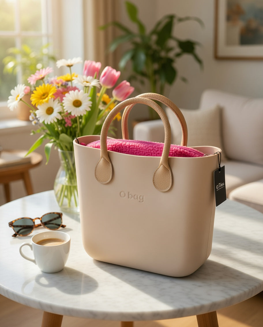 O bag Mini – Cream Tote Bag with Camel Handles & Pink Interior