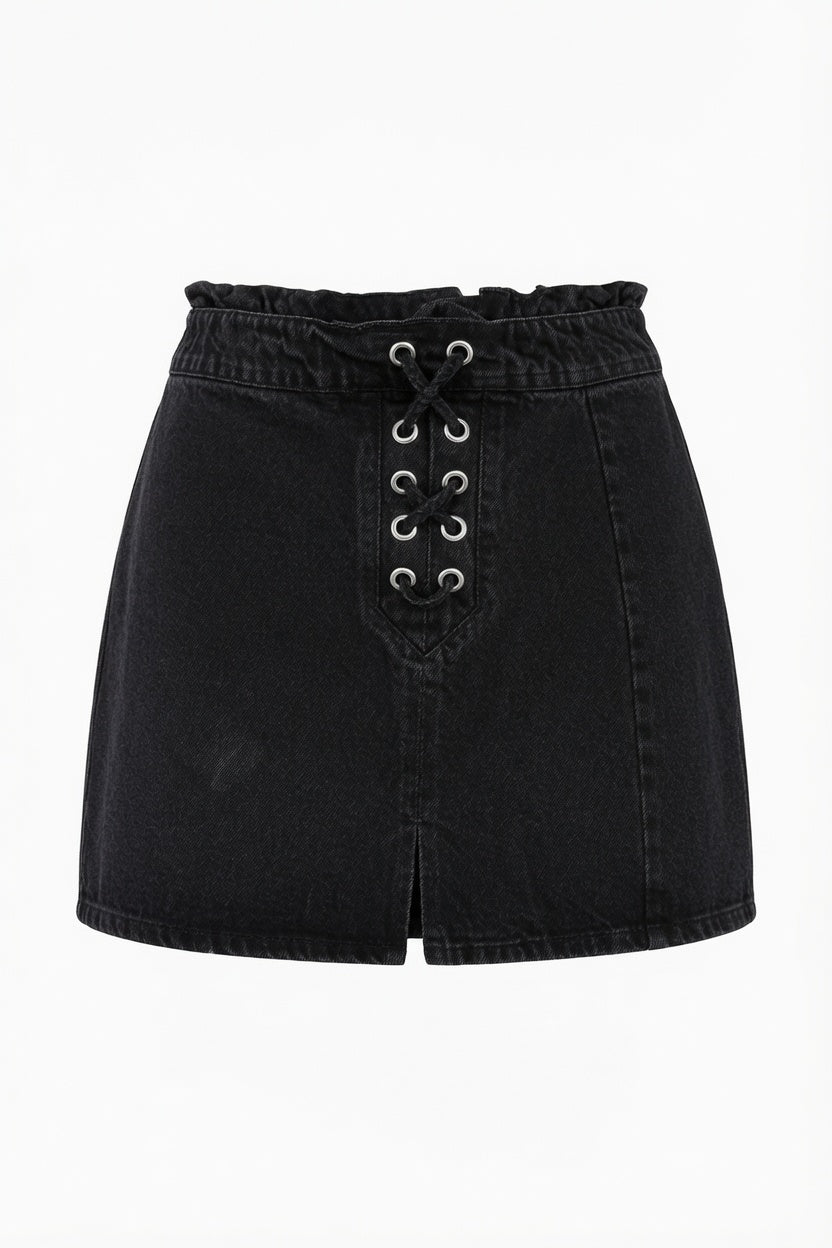 Kaffe Lace-Up Denim Mini Skirt – Black | Women's Paperbag Waist Skirt
