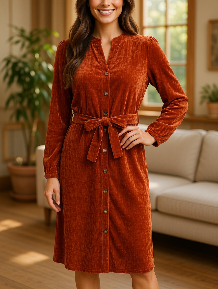 Sorbet Spicy Corduroy Shirt Dress with Belt - Rust Brown