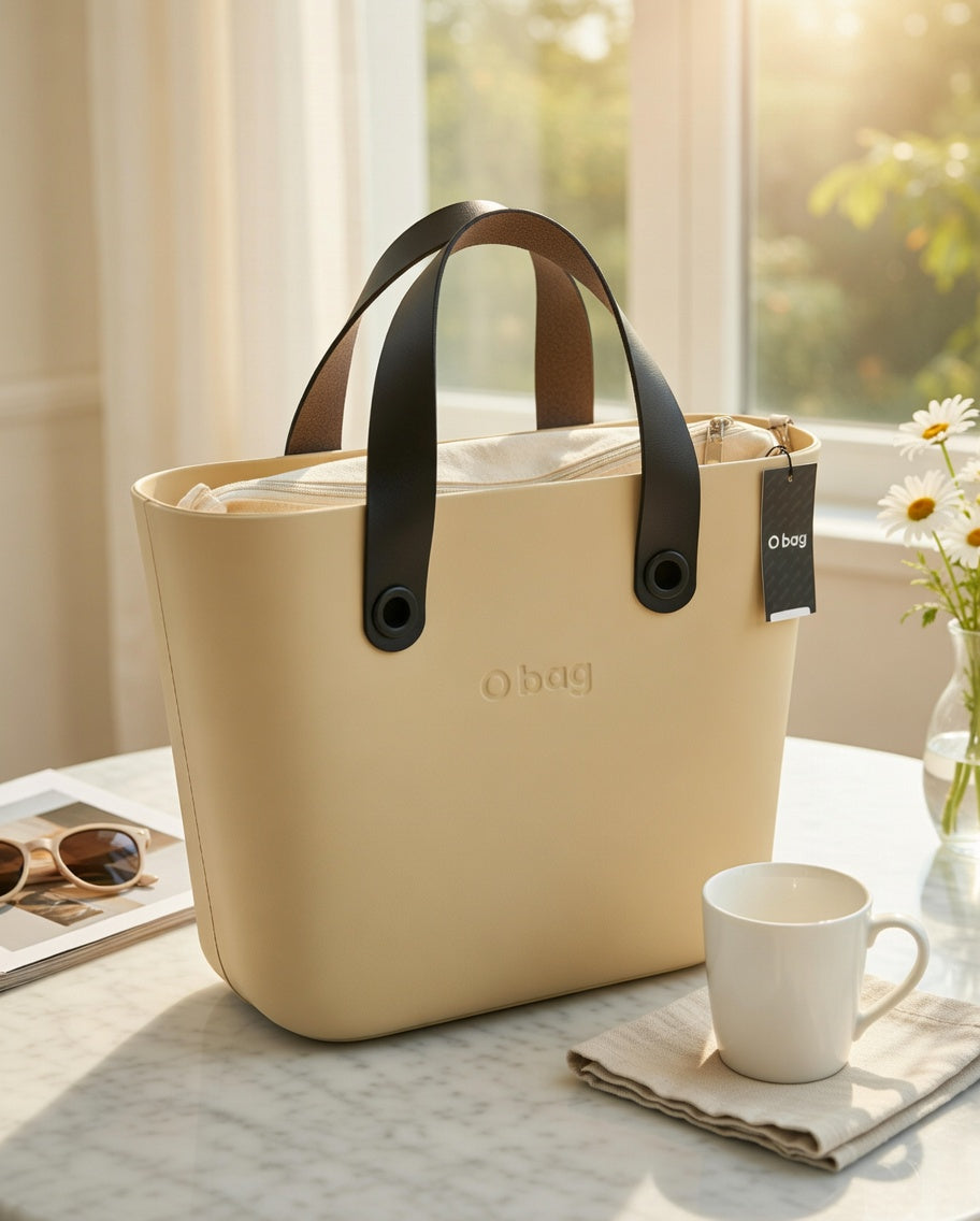 O bag Mini – Sand Beige Tote Bag with Black Handles & Cream Interior