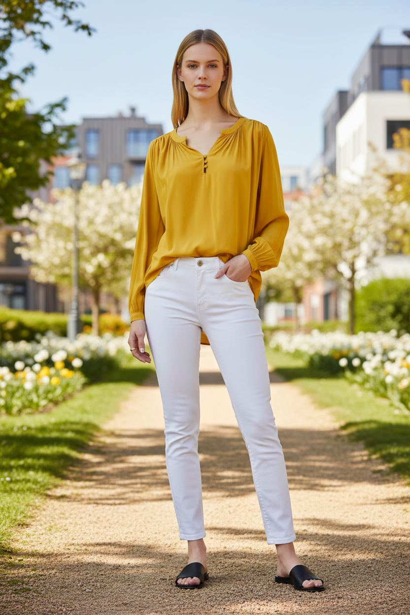 Woman wearing Q/S s.Oliver yellow blouse outdoors