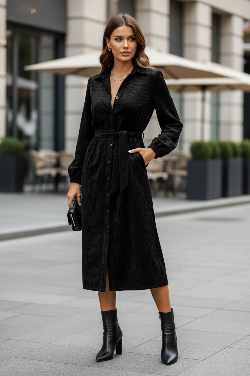 Sorbet Spicy Corduroy Shirt Dress with Belt - Black