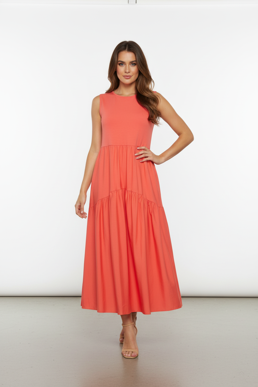 Sorbet Kato Sleeveless Tiered Midi Dress - Coral Pink