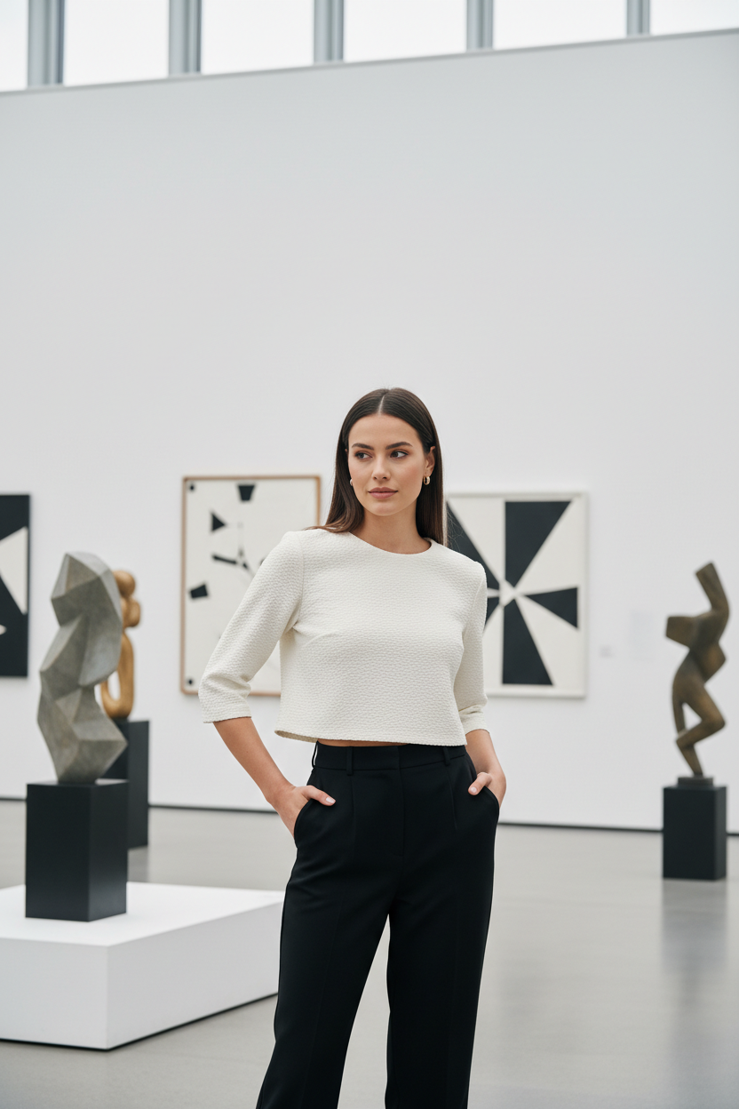 Lifestyle shot - woman in Rinascimento cream top at art gallery