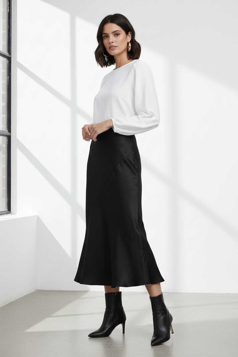 b.young Bydolora Satin Bias-Cut Midi Skirt - Black