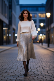 Saint Tropez BenisaSZ Silver Sequin Skirt - lifestyle photo outdoor setting