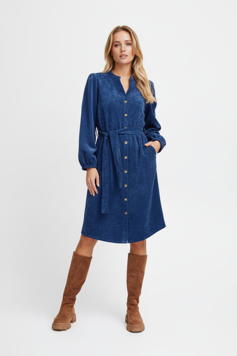 Sorbet Spicy Corduroy Shirt Dress with Belt - Denim Blue