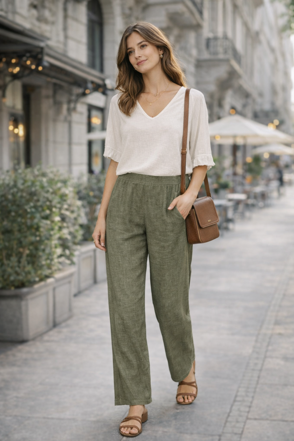 Sorbet SBLIAMO Linen Wide-Leg Pants - Sage Green