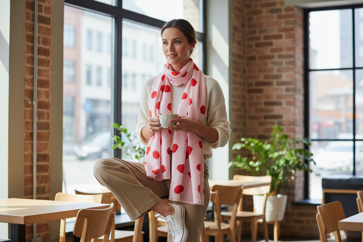 s.Oliver Pink Red Polka Dot Viscose Loop Scarf - Lifestyle